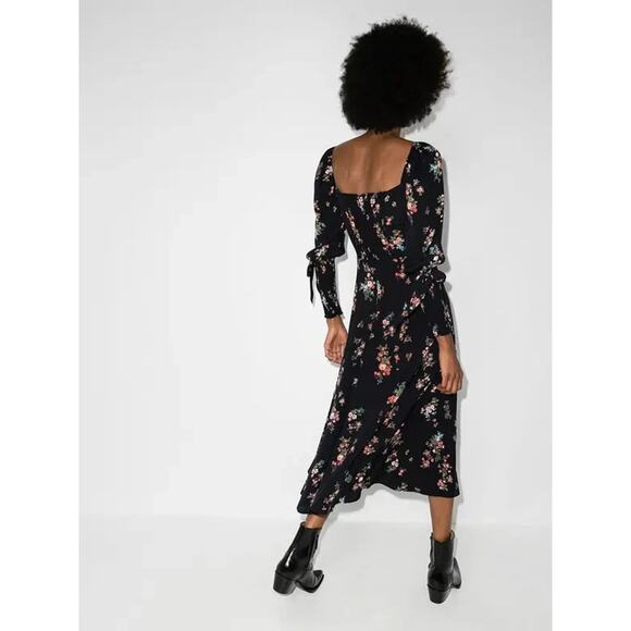 Reformation Aubrey Black Floral Print Midi Dress Tied Cuff Sleeves Slit Size 0 - Picture 2 of 10
